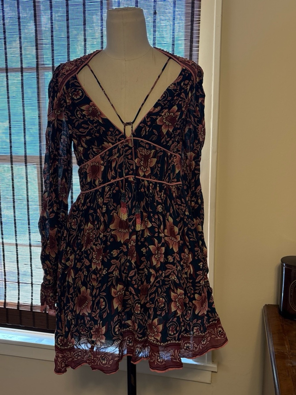 Farm Rio Floral V-Neck Long Sleeve Mini Dress - Navy and Dusty Rose Floral